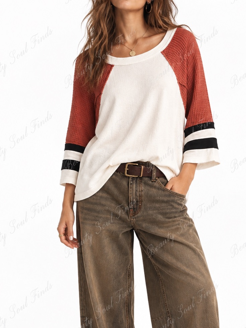 Ces Femme Womens Large/XL Rust Cream Waffle Knit Raglan Oversized Tunic Top